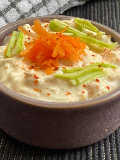 This creamy vegetable dip is a great way to increase your intake of yogurt and veggies. It's hydrating, packed with vitamins, and great for your gut health. Perfect as a snack or a light meal.