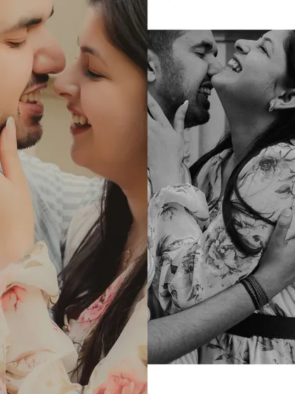 A side-by-side comparison of a moment in color and black and white. Both versions capture the infectious laughter and intimacy, showing how different edits can evoke different feelings.