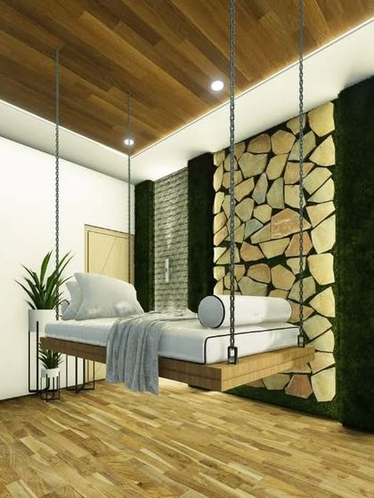 Another view of the balcony swing, showing the combination of wood flooring, a wooden ceiling panel, and green wall accents.