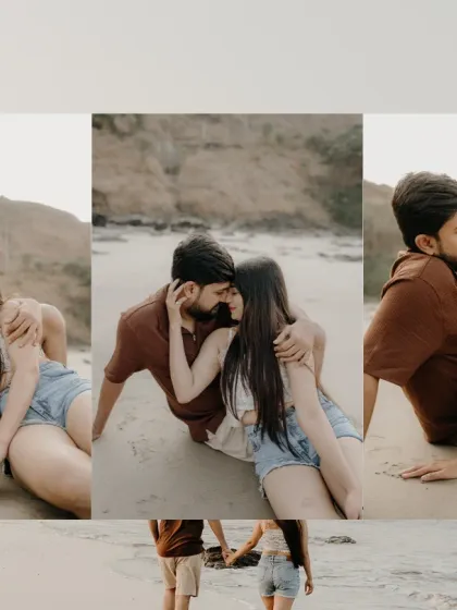 A collage of romantic moments where love meets the ocean. These frames show the couple's playful and tender interactions against the beautiful coastal backdrop.