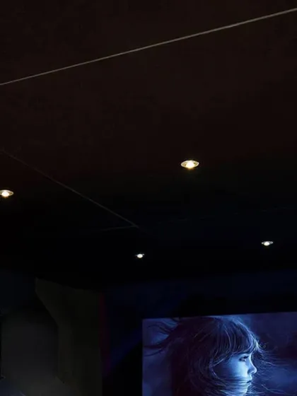A closer look at the design elements of our "Entertainment Reimagined" concept. Notice the textured wall panels for acoustic treatment, the precise placement of recessed ceiling lights, and the comfortable, fabric-upholstered cinema seats.