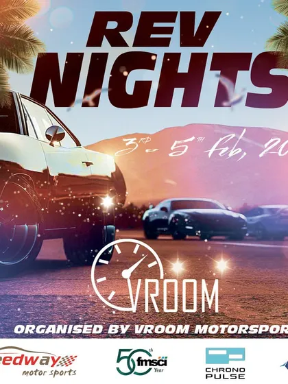 The official announcement poster for Rev Nights, our innovative 'Race Under the Stars' event. This showcases our key partners for this unique format, including Speedway Motorsports and FMSCI.