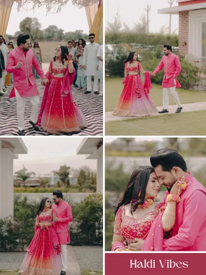 A collage of a vibrant Haldi ceremony, where the couple is dressed in matching pink outfits. We capture both posed portraits and candid walking shots.