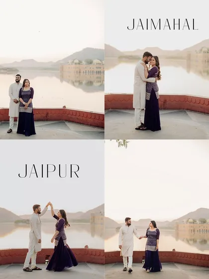A quad-collage summarizing a pre-wedding shoot at Jal Mahal, Jaipur. It showcases different poses and the beautiful scenery, giving a complete feel of the location.