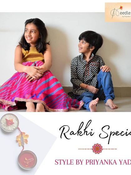 Capturing a sweet moment between siblings. For this Rakhi special, I designed a vibrant pink and gold lehenga for the sister and a stylish printed black kurta for her brother, creating a beautifully contrasted pair.