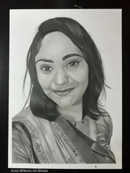 A finished A4 portrait for a client from Jaunpur, UP. Her warm smile is the centerpiece of this beautiful sketch.
