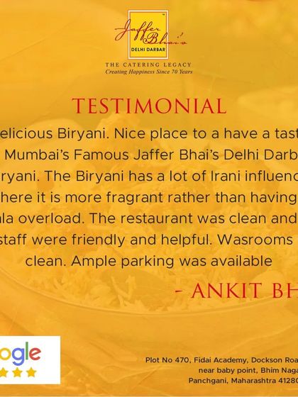This detailed testimonial praises our famous Biryani for its fragrant, Irani-influenced flavor. We are also pleased that the guest noted our clean restaurant, friendly staff, and ample parking, as we strive for excellence in the overall experience.