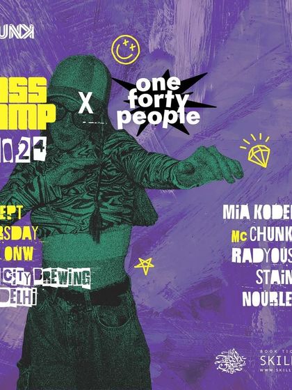 The poster for Bass Camp Festival 2024, a long-running event I've been involved with for over a decade. This edition features a collaboration with 'one forty people', focusing on the 140 BPM sounds of dubstep and grime.