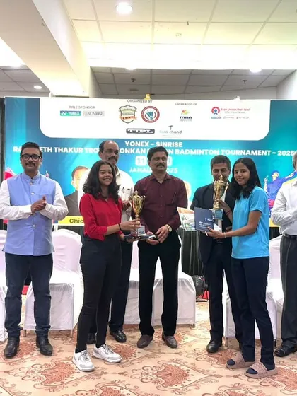 Anriya Singh and Nidhi Padnekar receiving their U17 Girls Doubles runner-up trophies at the Ramsheth Thakur Trophy Konkan Region Tournament.