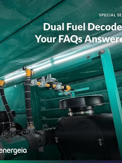 This image shows a close-up of my EnerGas dual fuel kit installed on a diesel generator. The system is designed as a seamless retrofit, with the patented Air Gas Mixer fitted before the turbocharger without altering the engine's original design.