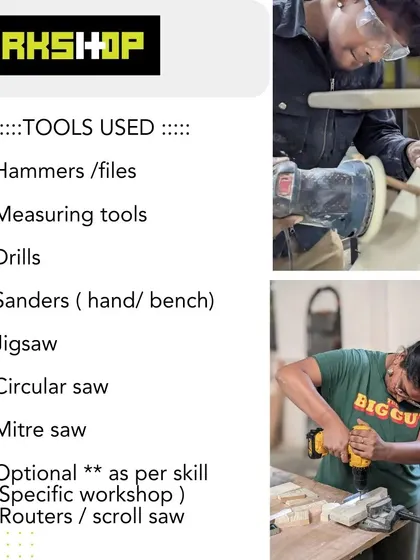 A list of the tools you'll get to use in our DIY Woodworking workshop, including drills, sanders, various saws, and more.