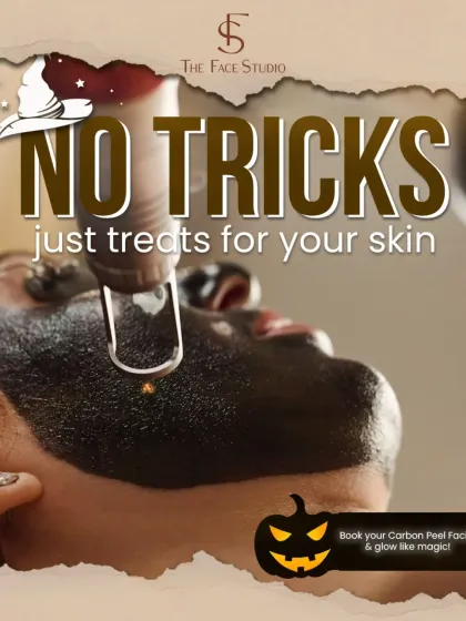 This Halloween-themed graphic highlights the Carbon Peel facial. It's a treatment, not a trick, for achieving magically glowing skin by deeply cleansing and exfoliating.