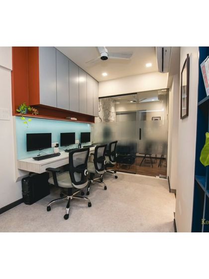 A smaller workstation zone in our studio. The frosted glass partition provides a sense of separation while still allowing light to flow through the space.