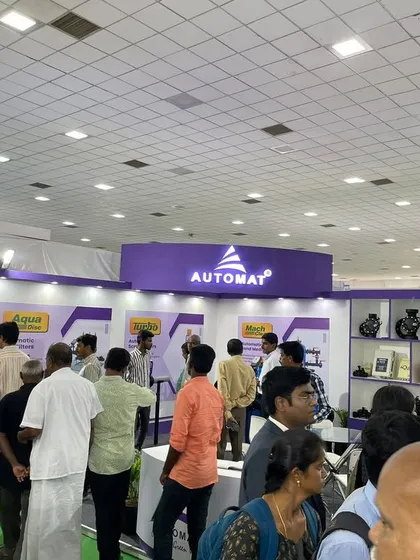 The Automat booth stands out at the busy CODISSIA trade fair. Our clear branding and well-lit product displays attract a steady stream of interested visitors.