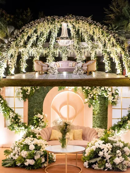 A collage of two different elegant stage designs for a cocktail night, both featuring an abundance of white flowers and sophisticated lighting.