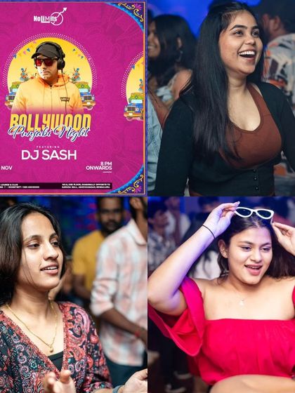 A vibrant collage from a Bollywood and Punjabi night, capturing the smiles and energy of the crowd as they dance to desi beats.
