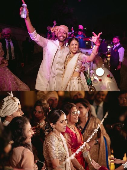 The couple's celebratory exit in a vintage car and candid moments of family enjoying the post-wedding rituals.