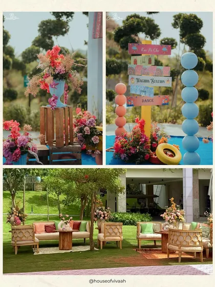 A collage showing the playful signage and relaxed, earthy lounge seating at the Kite Carnival, demonstrating the balance between vibrant energy and comfortable spaces.