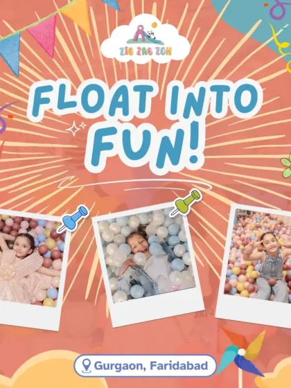 Float into fun! Our ball pits are a sea of color where kids can relax, play, and imagine, as shown in these happy polaroid-style snapshots.