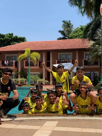 Work hard, play hard. Our U14 champions cooling off in the pool in Goa after their tournament win.