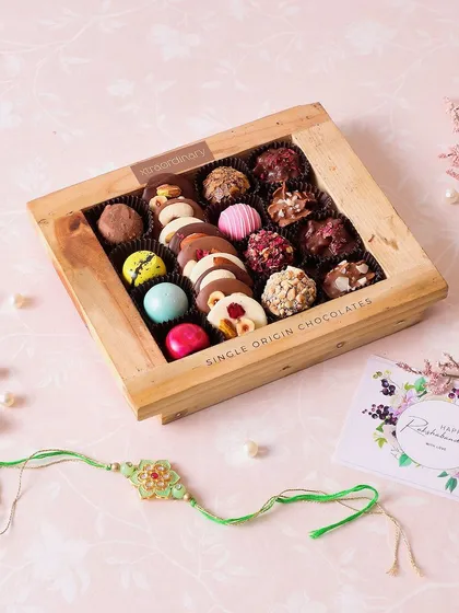 Tie the sweetest knot with our Rakhi Chocolate Platters. This wooden box is filled with a variety of our single-origin chocolates.