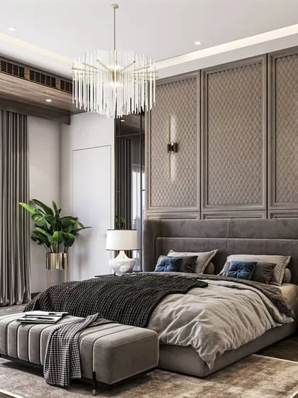 A series of renders for a luxurious bedroom suite, featuring textured wallpaper, mirrored panels, and a statement chandelier. The different views highlight the room's opulence and detailed design.