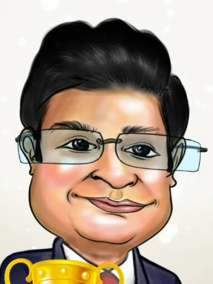 A detailed headshot of a corporate award caricature. The sparkling background and trophy add a celebratory feel, perfect for recognizing a colleague's success.