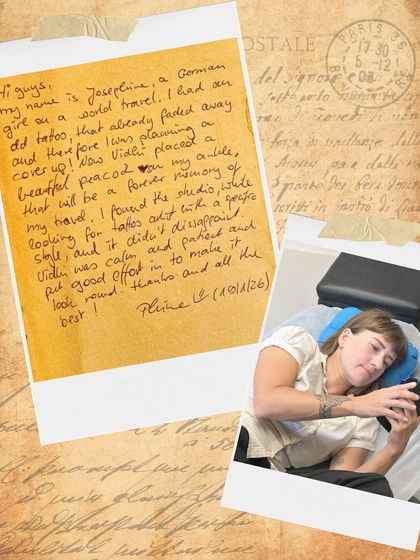 Josephine's handwritten note about her experience, from finding our studio to getting her beautiful peacock cover-up.