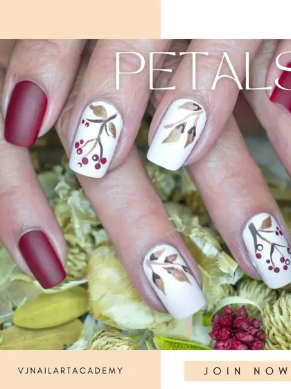 This design features hand-painted branches with delicate petals and berries over a matte base, creating an elegant, autumnal feel.