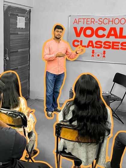 An instructor teaches Raag Bhupali to our after-school vocal class. The graphic overlay emphasizes the focus on advanced Indian classical music concepts.