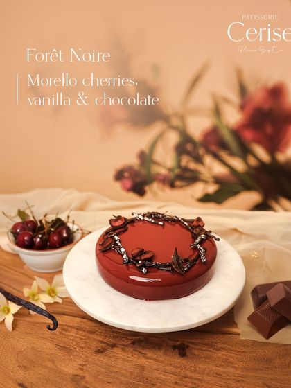 My Forêt Noire entremet, a modern take on the Black Forest cake. It features Morello cherries, vanilla, and rich chocolate.