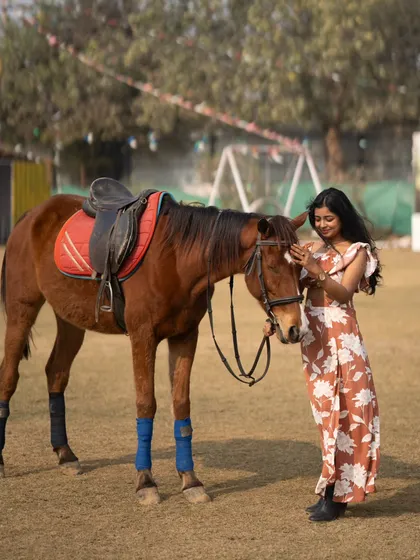 A quiet, reflective moment between the model and the horse as it lowers its head.