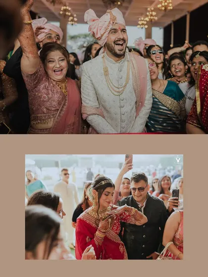 A collage of candid moments from the wedding, capturing the joyous expressions of the couple's parents. These shots highlight the happiness and emotion of the families.