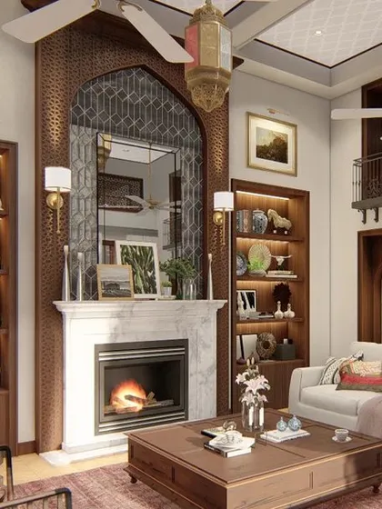 An angled view showing the interplay of light from the large windows and the warmth from the fireplace, creating a comfortable and inviting atmosphere within the grand, traditional setting.
