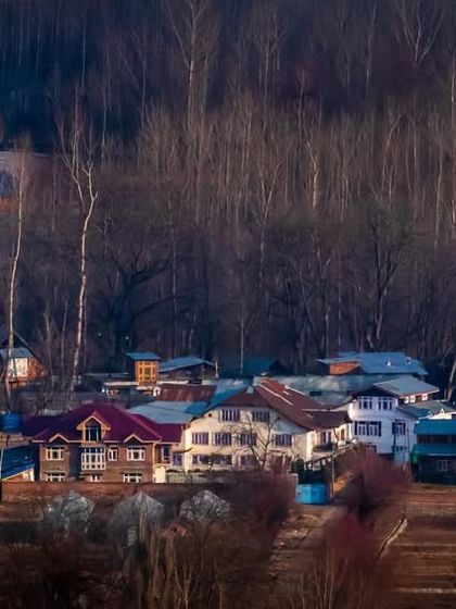A small village seems to be hiding within the dense forests of Kashmir. This photograph captures the feeling of community and shelter against the vastness of nature.