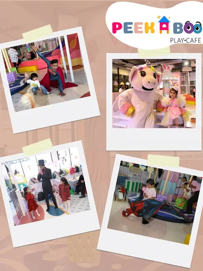 Our mascot squad is here to make your day unforgettable. This collage shows Superman, a unicorn, a magician, and a child enjoying the party.