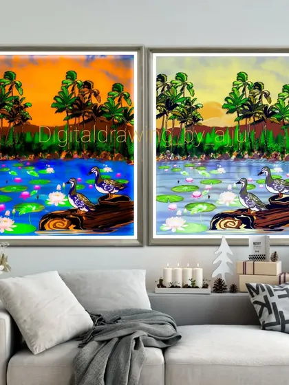 The duck pond paintings displayed in a festive, holiday-themed living room mockup.