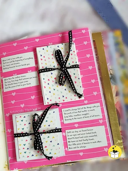 This page from a love album has little envelopes tied with ribbon, holding secret messages or tiny photos.