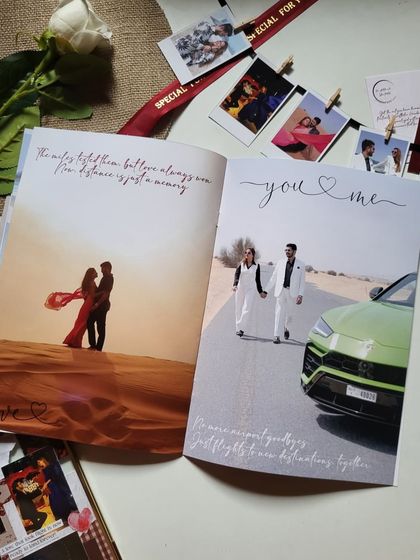 "You & Me." The inside of a personalized couple magazine, showing their pre-wedding photos from a desert shoot. Each page is designed to feel like a high-end editorial.