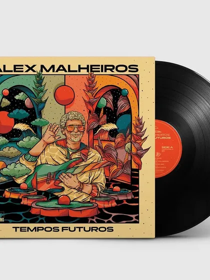 A mockup of the 'Tempos Futuros' vinyl record, showing the cover art in its final physical form.