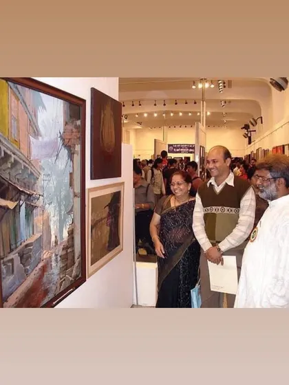 A cherished memory with my wife and my guru, Padma Shri awardee Shri Vasudevji Kamath, at one of my exhibitions in the past.