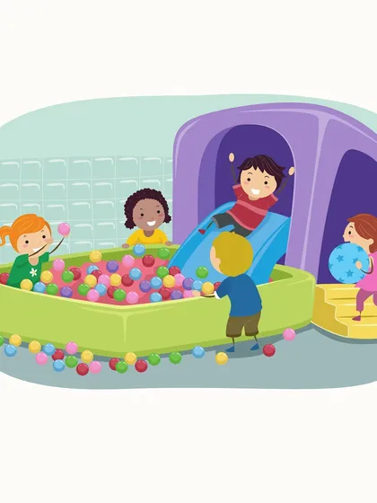 An illustration of kids enjoying a ball pit and slide, inviting you to imagine the fun.