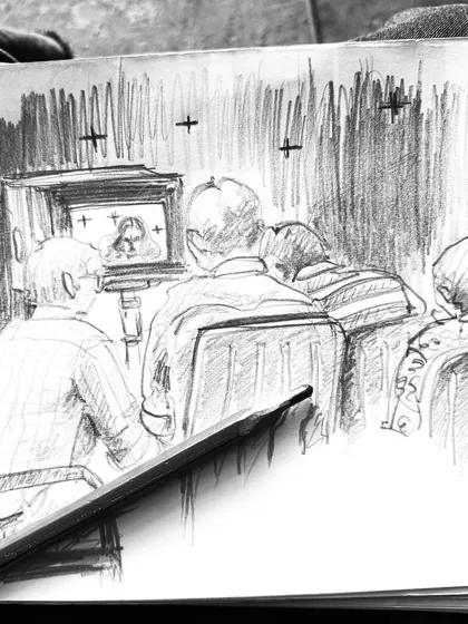 Every design begins with a vision. This is a quick pencil sketch I made on set, capturing the team observing a shot on the monitor. For me, costume design is deeply integrated with the entire filmmaking process.