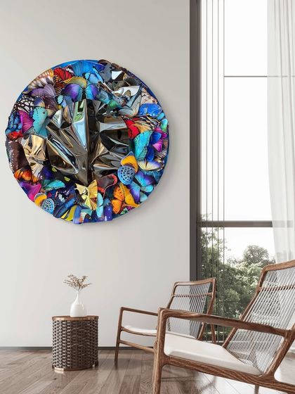 A mockup showing how the circular butterfly sculpture can bring life and color to a minimalist, contemporary living space.