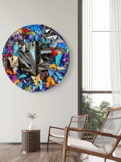 A mockup showing how the circular butterfly sculpture can bring life and color to a minimalist, contemporary living space.