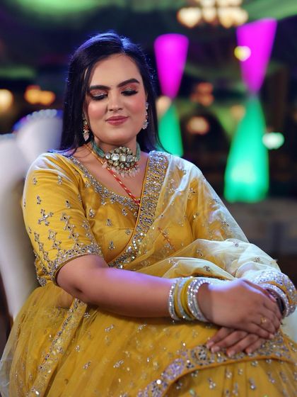 Another beautiful shot of this Sangeet look. The focus was on creating a flawless, glowing complexion that would last through a night of dancing and celebration.