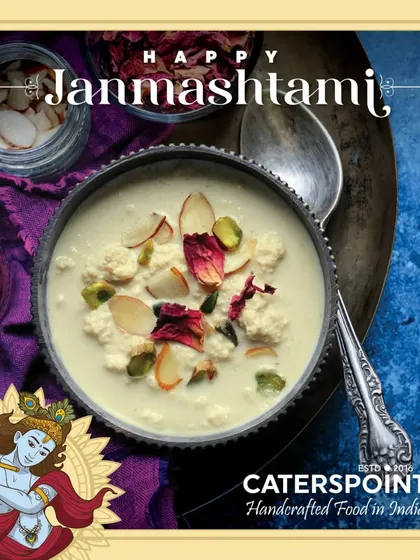 Another look at our special kheer for Janmashtami, garnished with almond flakes and rose petals. It’s a dessert that captures the spirit of the festival.