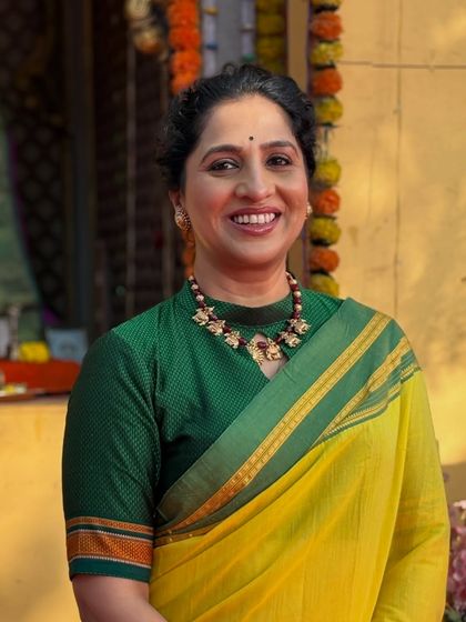 Another look for Madhurani's role as Savitribai Phule. The simple saree and minimal makeup reflect the historical character she portrays.