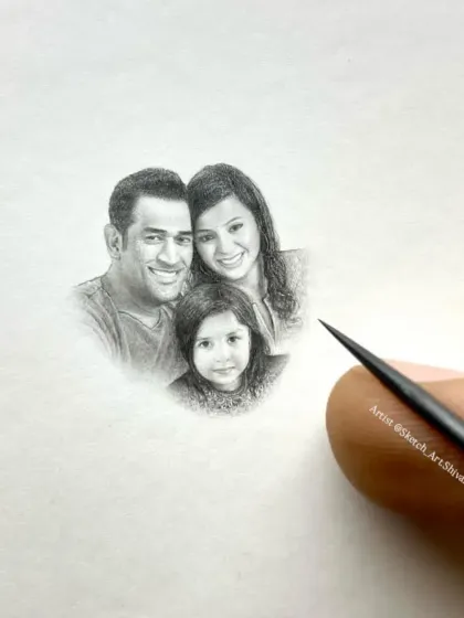 Art can be tiny but still hold a big emotion. This is a miniature family portrait of M.S. Dhoni, Sakshi, and Ziva, all drawn within a 2.5 cm space. It shows that even the smallest sketch can celebrate togetherness.