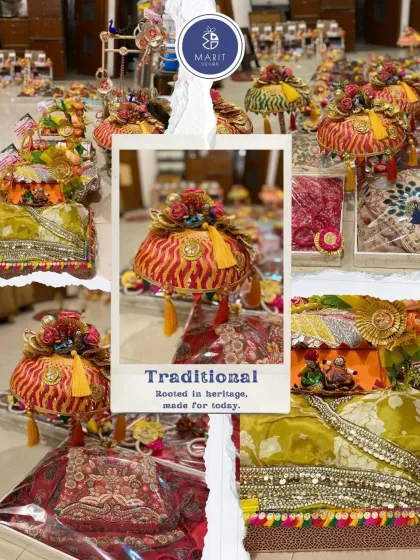 For weddings, I offer a range of packing styles, from minimal to magnificent. This traditional style, with its rich brocade and floral potlis, is perfect for 'shaadi ka shagun'.